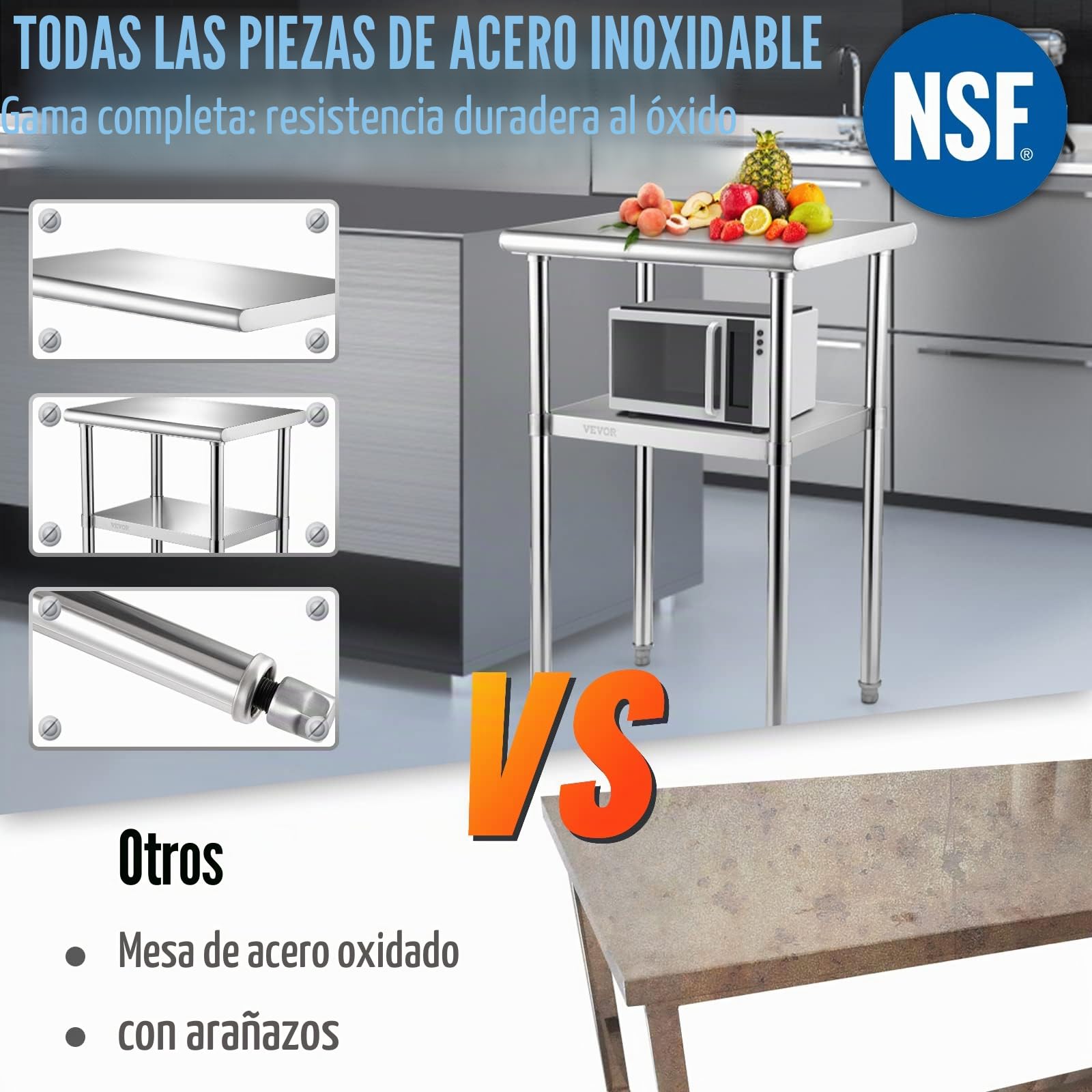 VEVOR Mesa de Trabajo de Acero Inoxidable 61 x 46 x 91 cm Mesa de Preparación de 2 Niveles Carga de 272,4 kg Mesa de Cocina Estante Ajustable en Altura para Cocina Restaurante Bar Garaje al Aire Libre