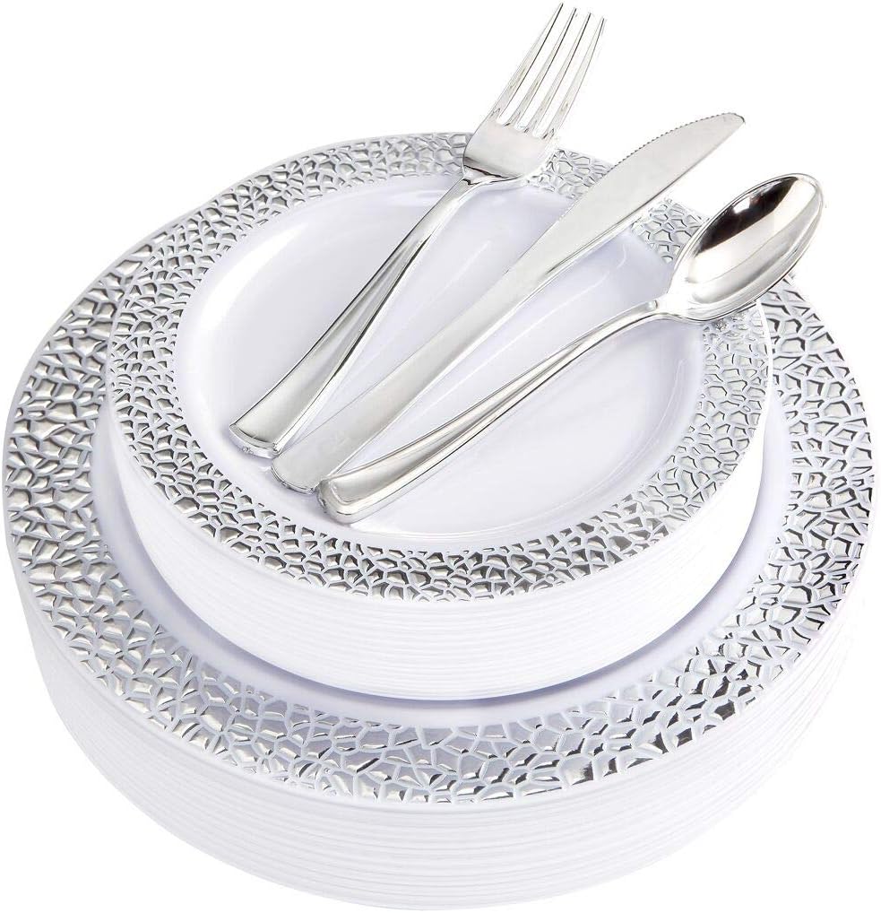 BUCLA 25 Guest Silver Plastic Plates with Disposable Plastic Silverware, Hammered Design Plastic Tableware include 25 Dinner Plates,25 Salad Plates,25 Forks, 25 Knives, 25 Spoons