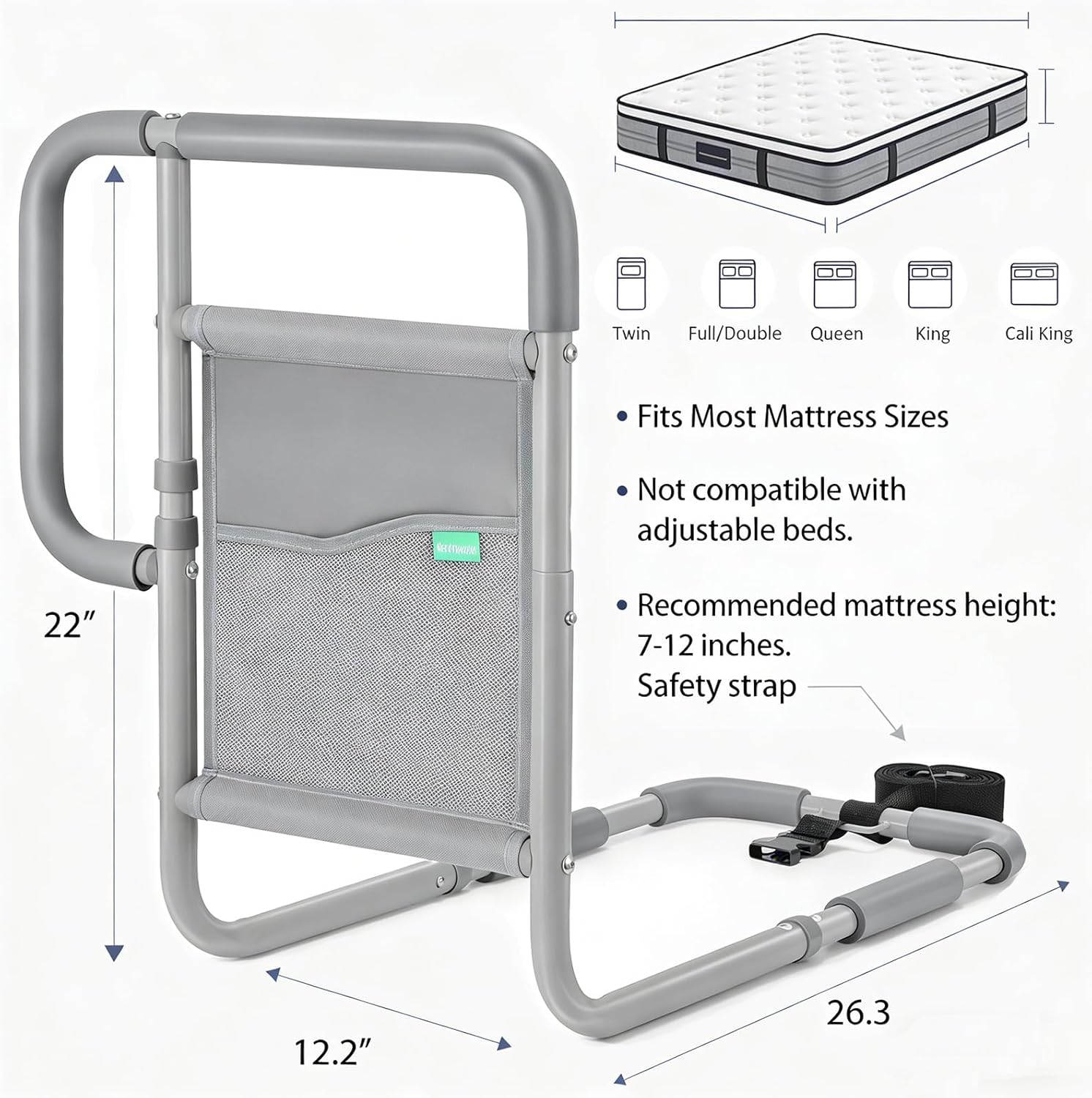 Bed Rails for Elderly Adults, ASTM Approved Bed Assist Rail with Dual Non-Slip Handles for Easily Getting in & Out of Bed, Bed Rail with Storage Pocket, fits King, Queen, Full, Twin Bed, 350lbs