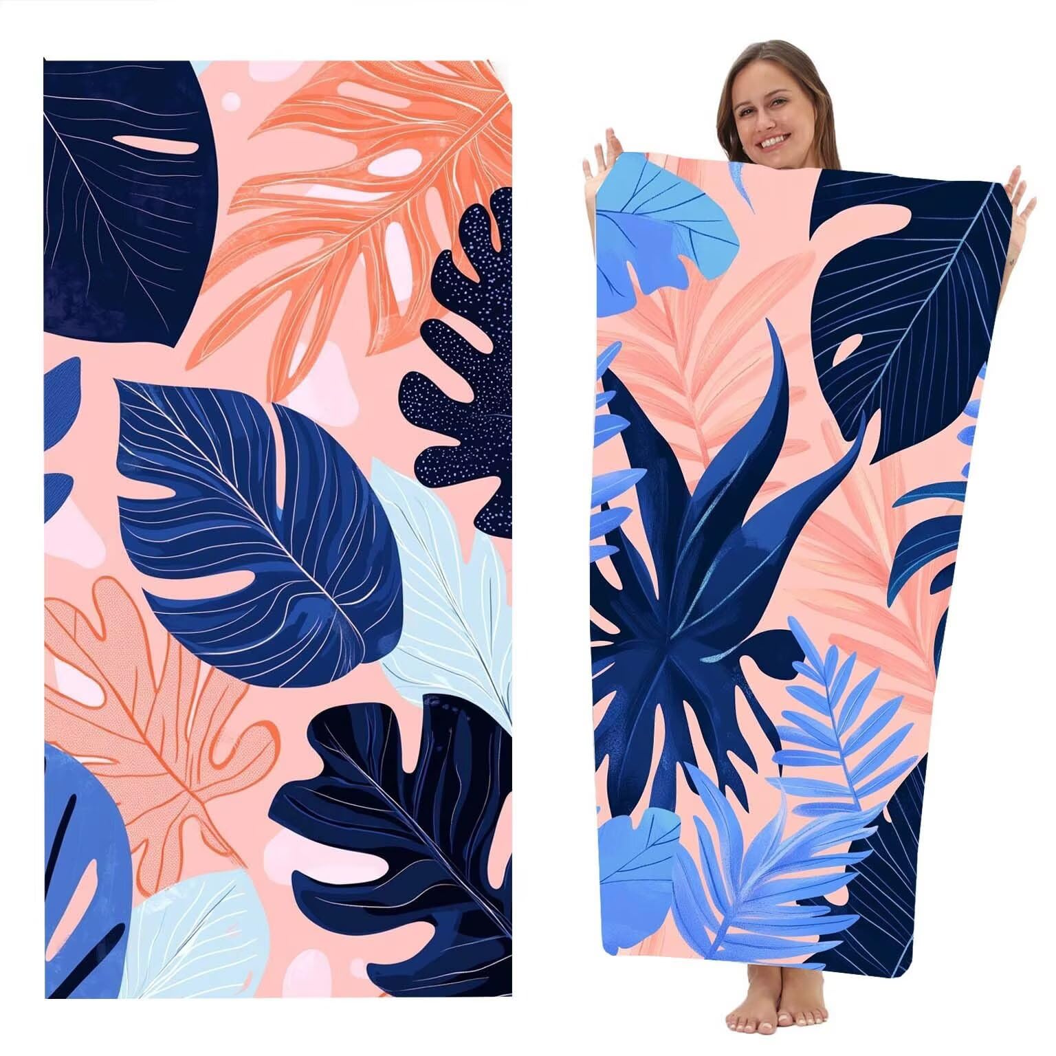 Ręcznik plażowy z mikrofibry 90x180 cm, lekki i miękki odporny na piasek szybkoschnący, na plażę, podróże, kryte baseny sauny, ręcznik 2 szt. Prezent (malowanie liści) z-1923