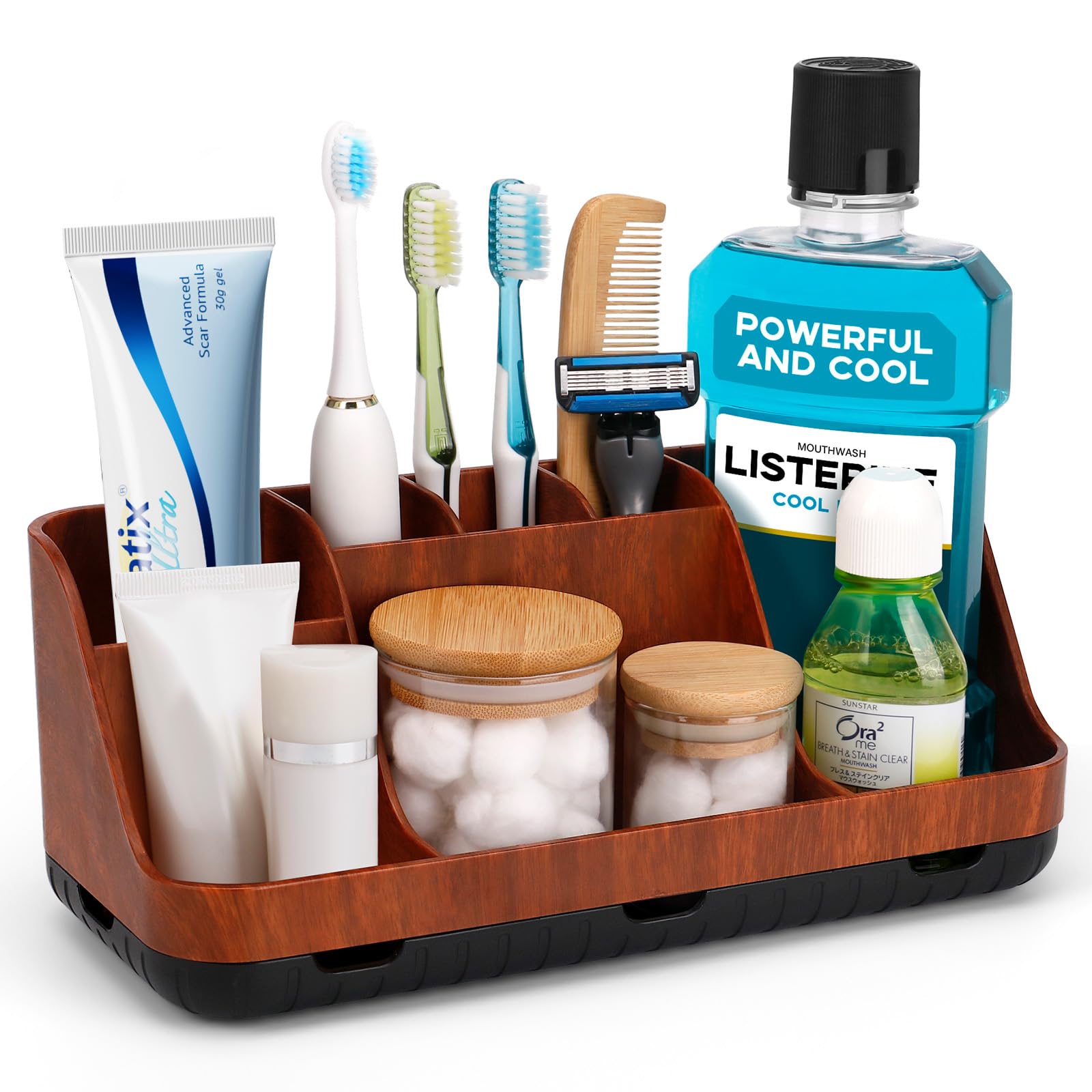 Zahnbürstenhalter für Badezimmer Organizer, elektrische Zahnbürste und Zahnpasta Halter, 7 Slots badorganizer für Badezimmer, Küche und Familie (Red Wood Grain)