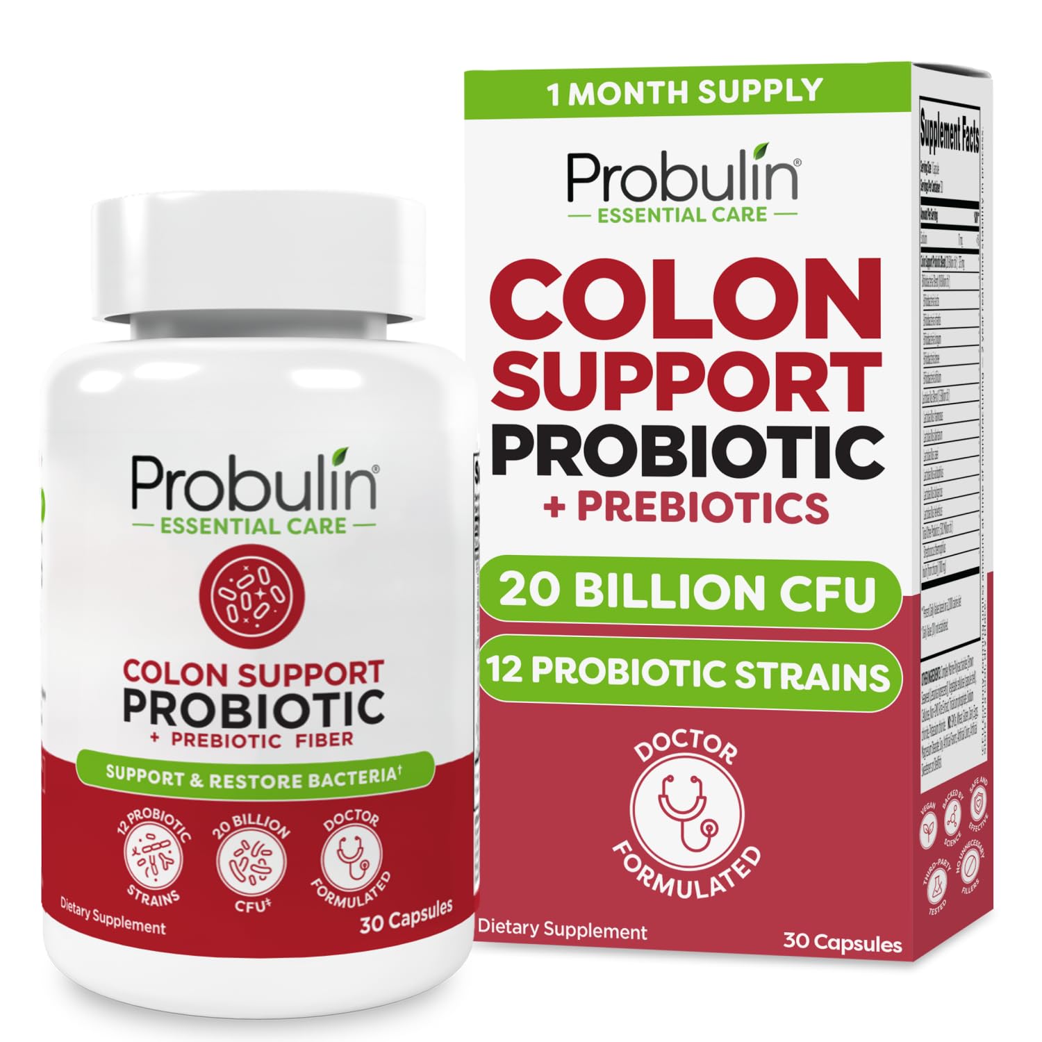 Colon Support Probiotic Supplement, Daily Gut, Digestive, and Immune Health Probiotics Capsules for Men and Women, 20 Billion CFU, Vegan, 30 Count Bottle