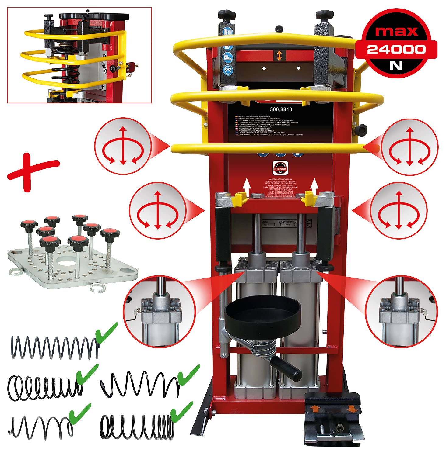 KS Tools 500.8815 Tensor de muelles de aire comprimido con doble cilindro y placa adaptadora para amortiguadores