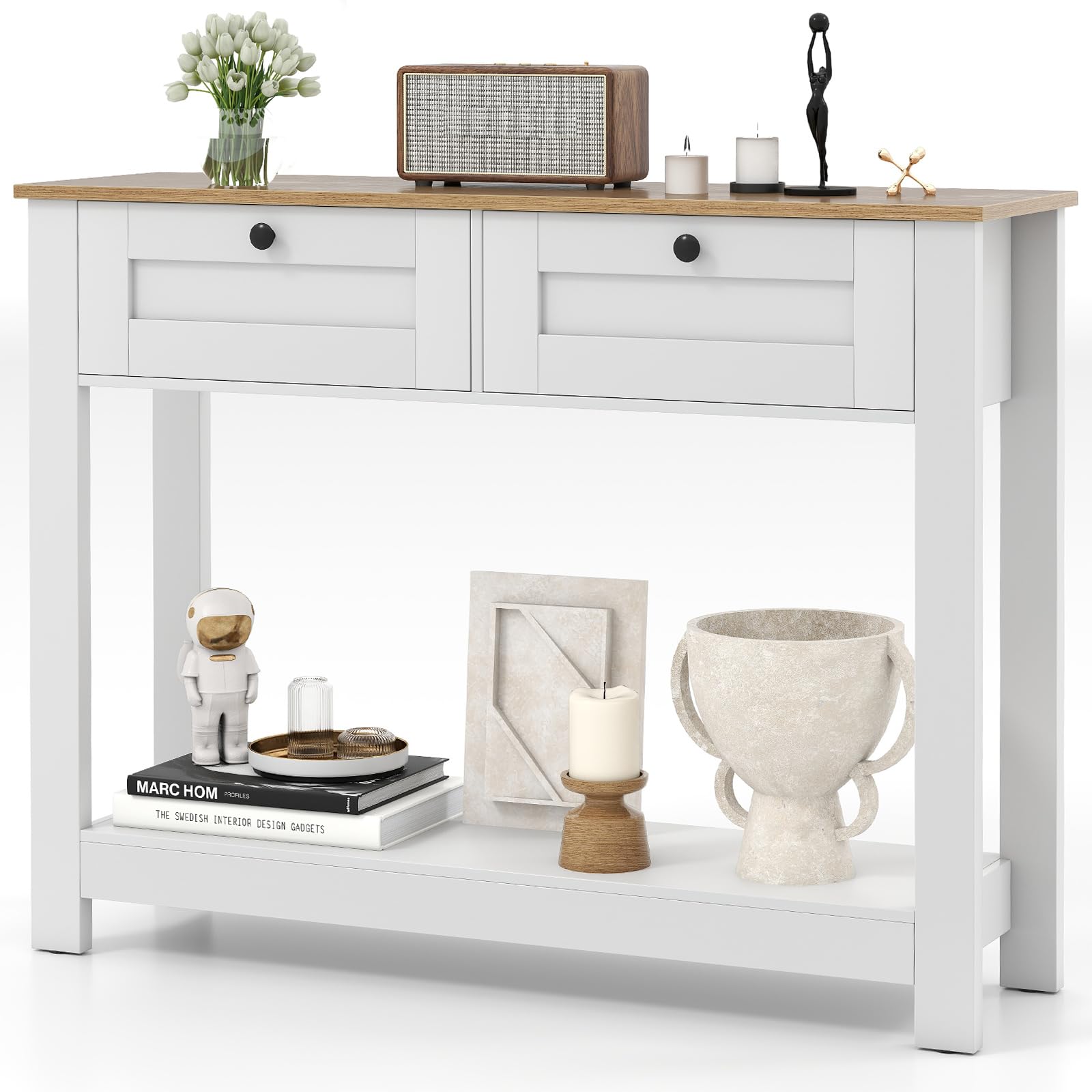 COSTWAY Consola Recibidor con 2 Cajones, Mesa de Entrada Estrecha con Estante Abierto, Mesa Auxiliar con Kits Antivuelco para Salon, Pasillo, Entrada, 106 x 30 x 81,5 cm