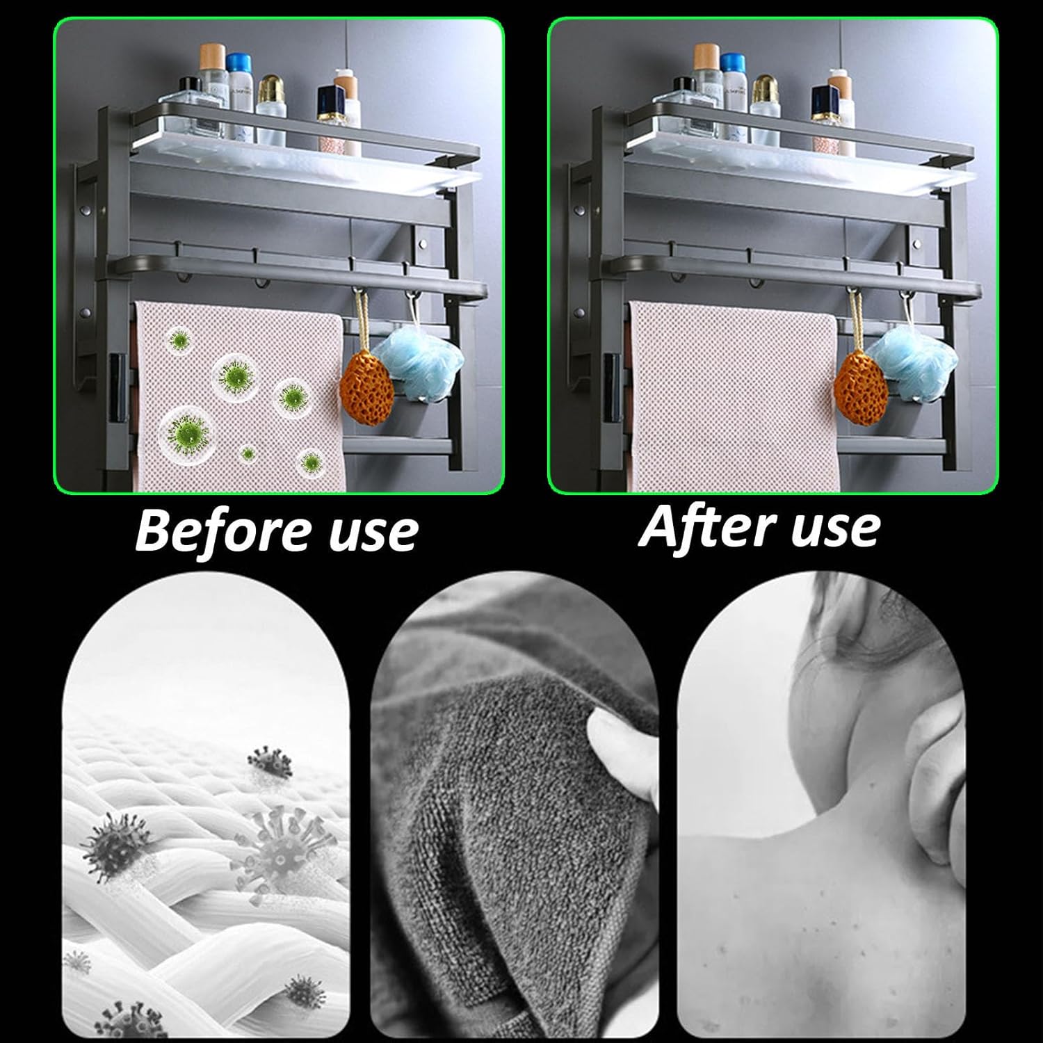 Gray,Right line,Rack with Top Shelf,Towel Rack Wall Mounted with Touch Screen,Bathroom Accessories Heated Towel Rack with Timer