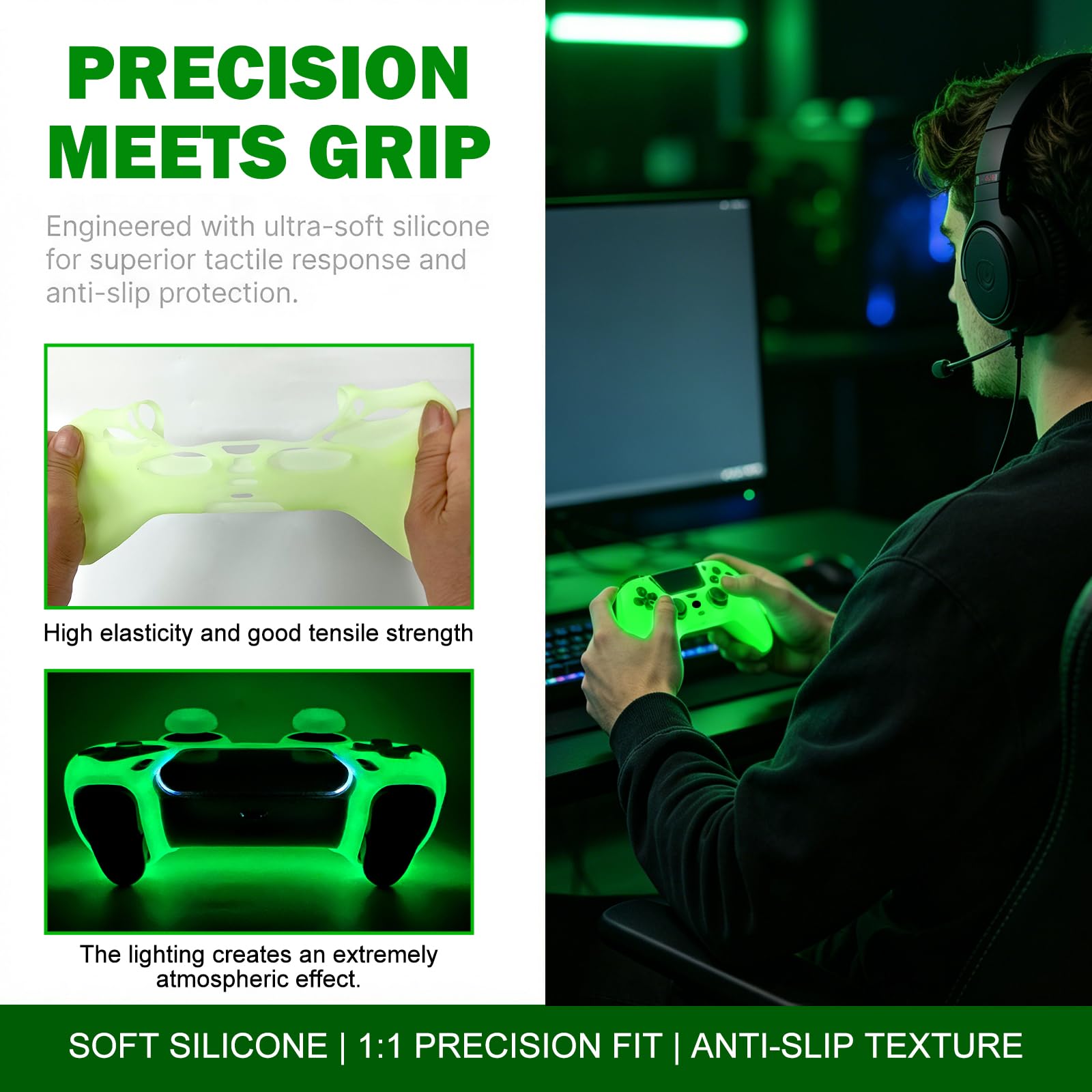 PS5 Controller Skins Silicone Grip Glow in The Dark Housse de Protection pour Manette PS5 + 8 FPS Pro Thumb Grips + 2 Pcs Caps.