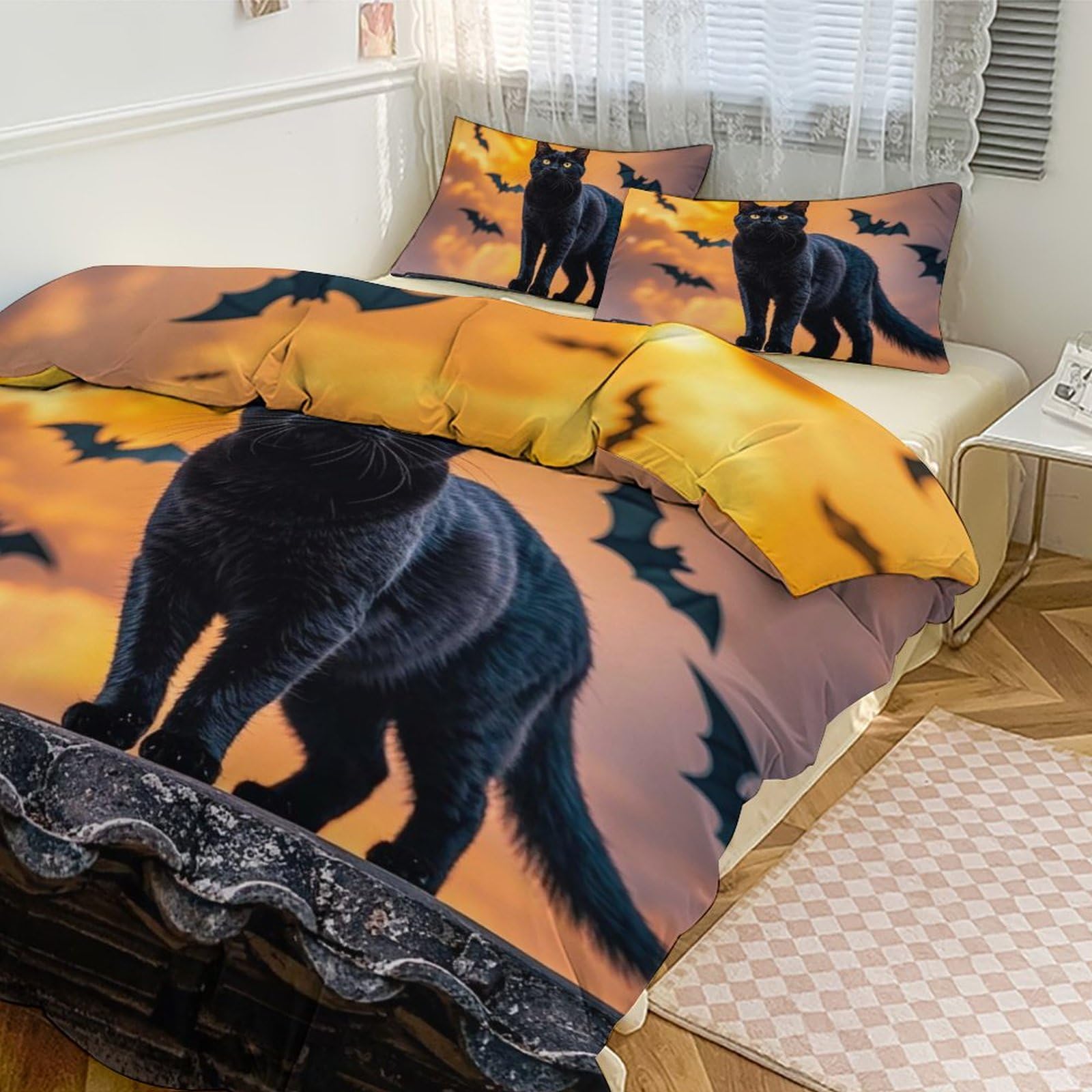 Housse de couette pour grand lit 3 pièces chat noir avec 2 taies d'oreiller 218x177 cm