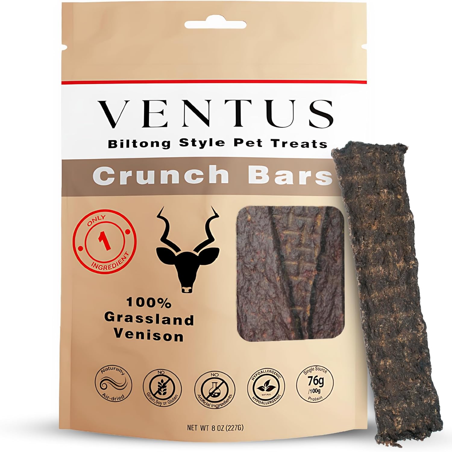 VENTUS Jerky Crunch Bars - Single Ingredient Venison Jerky Dog Training Treats, Healthy Air Dried, High Protein, No Additives, Grain Free Dog Treat, 8 oz