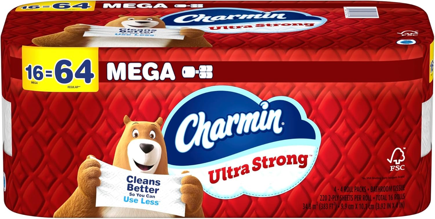 Charmin Ultra Strong Toilet Paper Mega Rolls, 4" x 3-15/16", White, 220 Sheets Per Roll, Pack Of 16 Mega Rolls