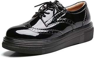 Women's Platform Lace-Up Comfort Wingtips Square Toe Oxford Shoes Brogues