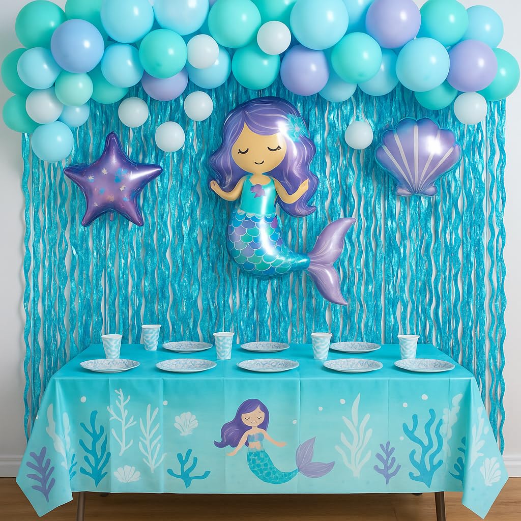 G2PLUS 2 Rideau Franges Vagues Bleu: Rideau Décoratif Métallique Effet ondulé pour Anniversaire Fille, Fête Sirène, Princesse des Glaces, Fond Photo Magique