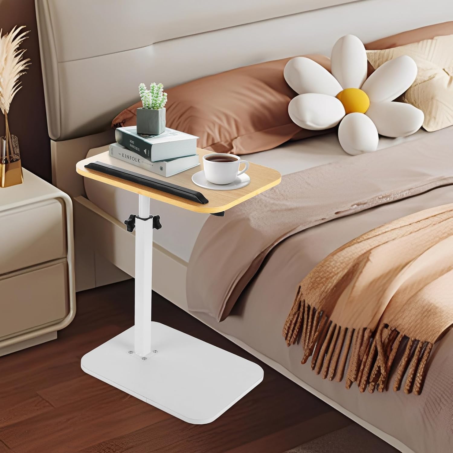 DAJAVE Sofa Armrest Tray Table for Couch, 360°Swivel TV Tray Table Small Spaces, Height Adjustable C Shaped End Table Snack Side Table with Phone & Tablet Slot for Sofa, Bed, Chair, Snack