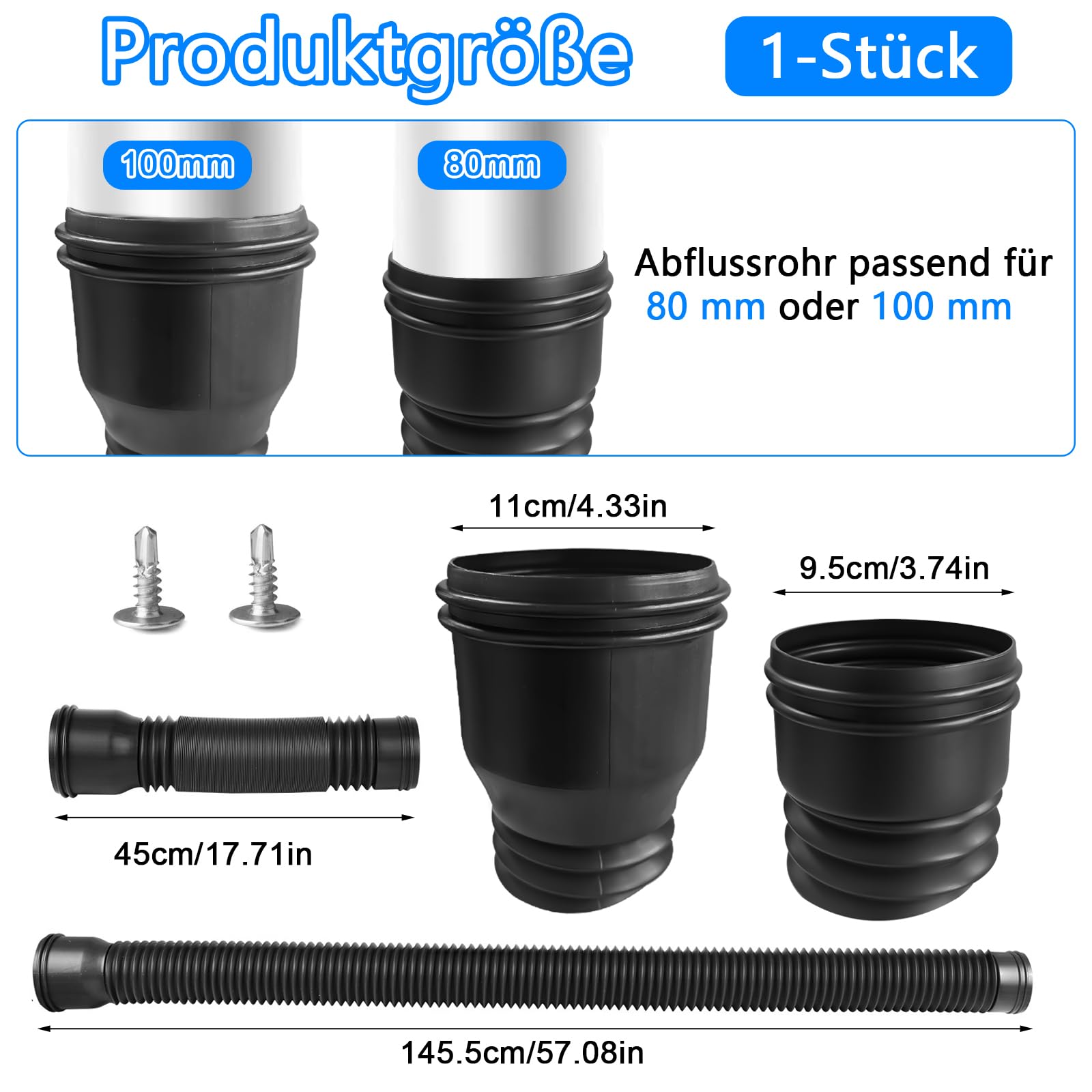 Fallrohr Dachrinne Flexible Verlängerung Erweiterungsset, Fallrohrverlängerungen Flexibel Rund für Fallrohr 80/100 mm, Dehnbare Regenrinne Verlängerung von 47 bis 150 cm (Schwarz, 1 Stück)