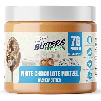 Fit Butters High Protein Naturally Sweetened Cashew Butter - Added Protein and Coconut Oil, Low Sugar, Complete Protein Dessert Flavored Natural Nut Butter White Chocolate Pretzel