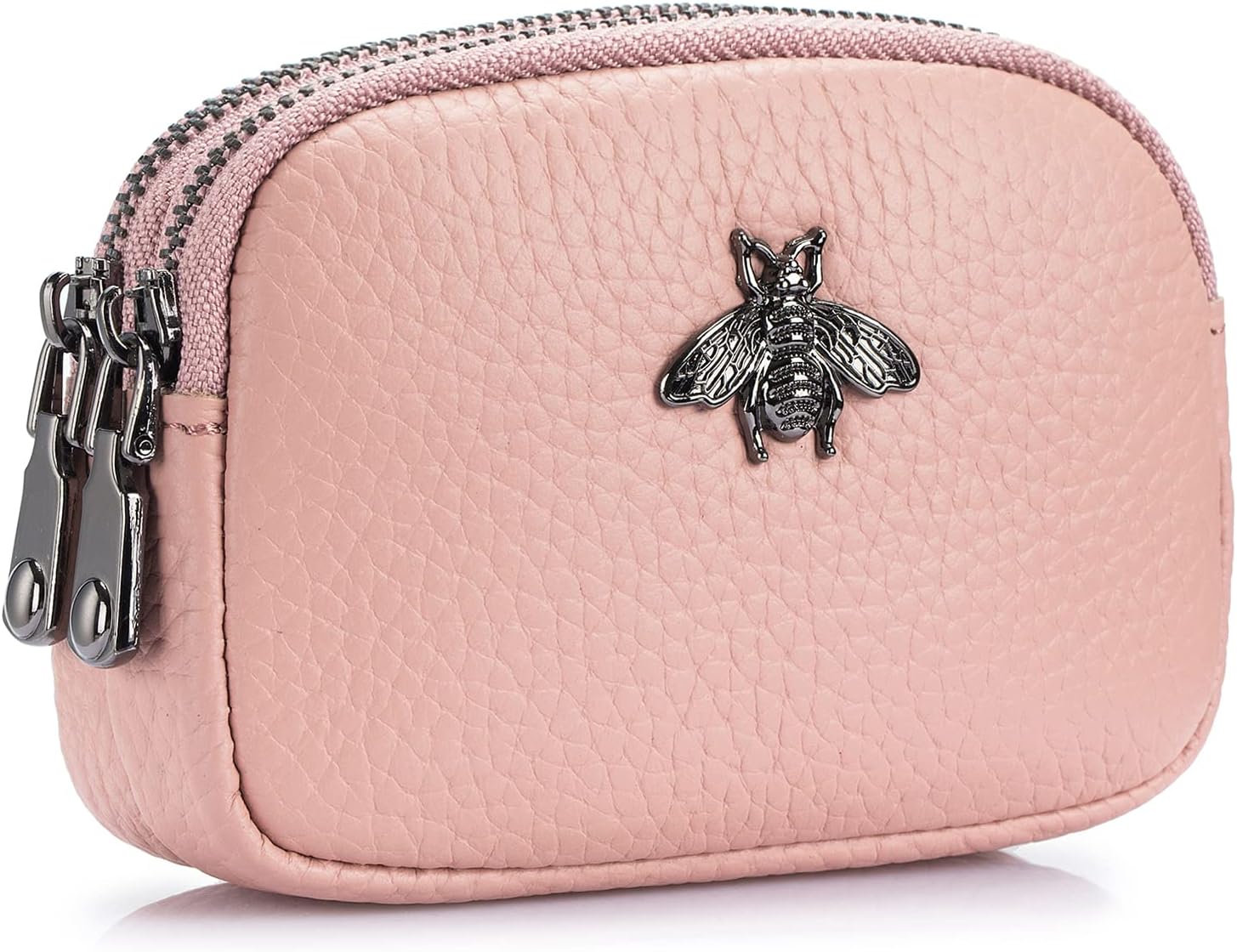 imeetuWomen Leather Coin Purse, Small 2 Zippered Change Pouch Wallet, Pink, Small, Bee Style