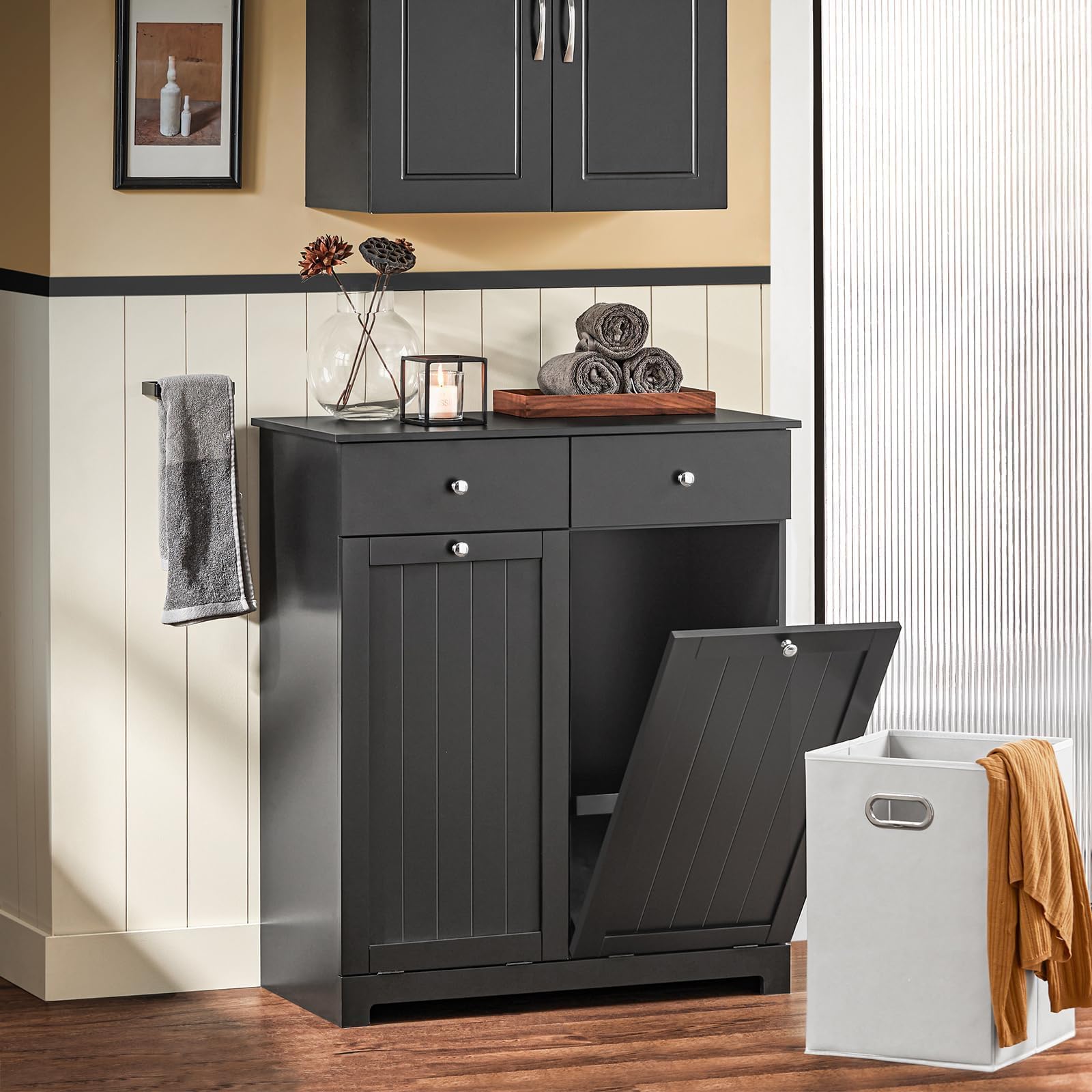SoBuy Mobile bagno con portabiancheria - Mobiletto bagno salvaspazio con 2 cassetti e 2 sacchi estraibili - Mobile lavanderia per ingresso o cucina in MDF, Nero, 78x38x90cm, BZR33-II-SCH