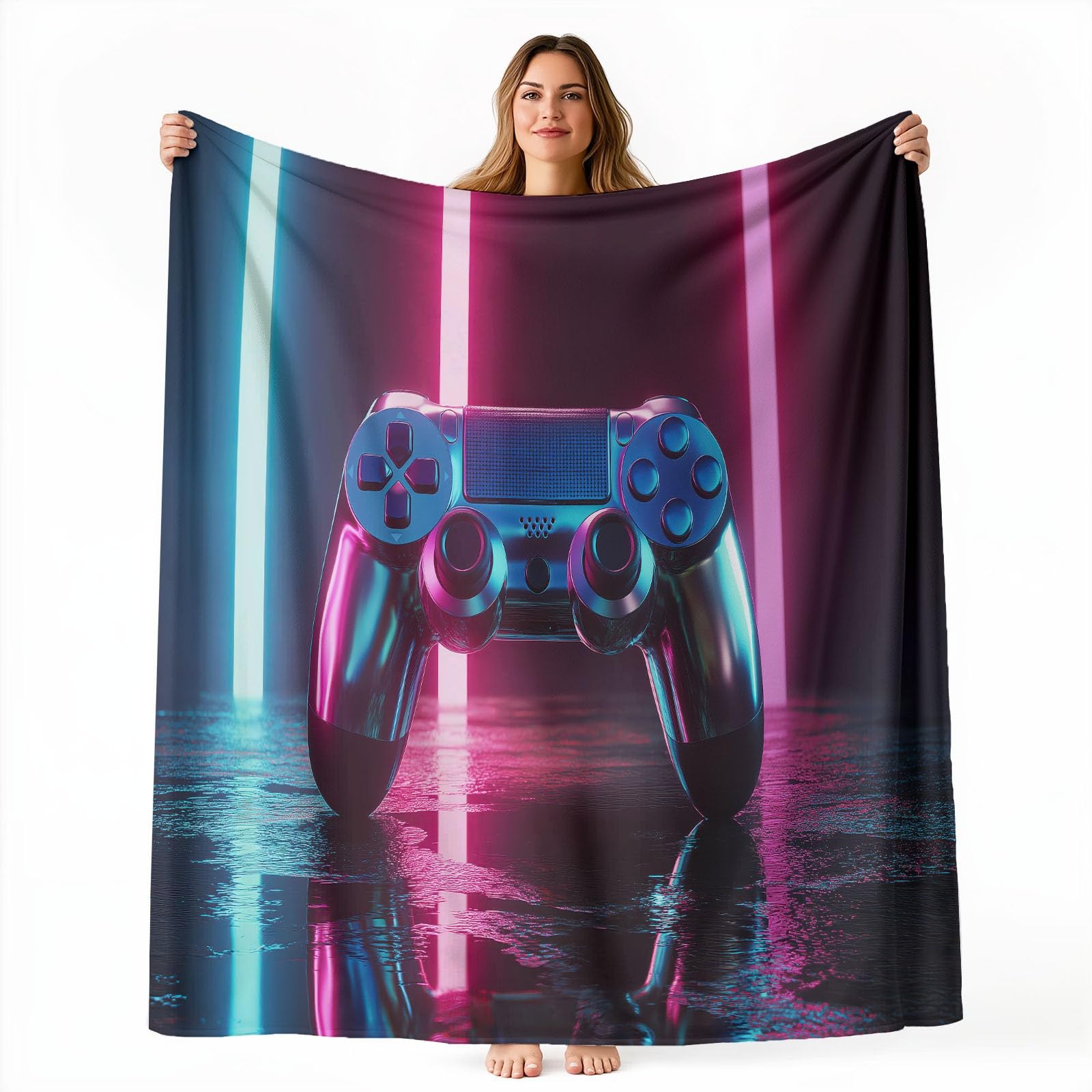 Koc do gier wideo 150 x 200 cm, koc polarowy 3D Neonowy gamepad na sofę i w podróż, lekkie hipoalergiczne koce, czarne, dla dziewcząt, kobiet dorosłych
