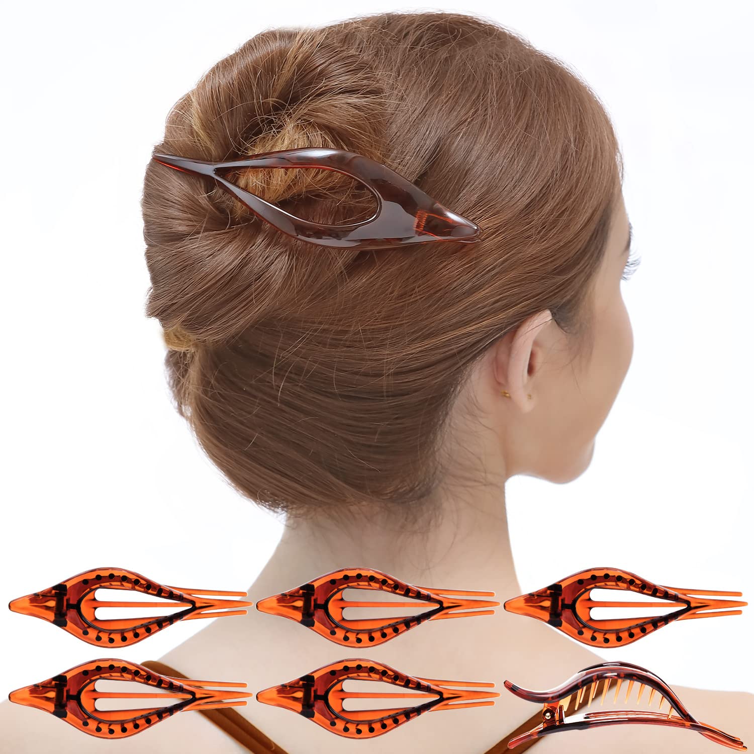 RC ROCHE ORNAMENT 6 Pcs Womens Premium Quality Plastic Hollow Oval Leave Eyelet Elegant Curved Hair Fashion Accessory Clamp Anti Slip Side Slide Clutcher Clips, Large Brown