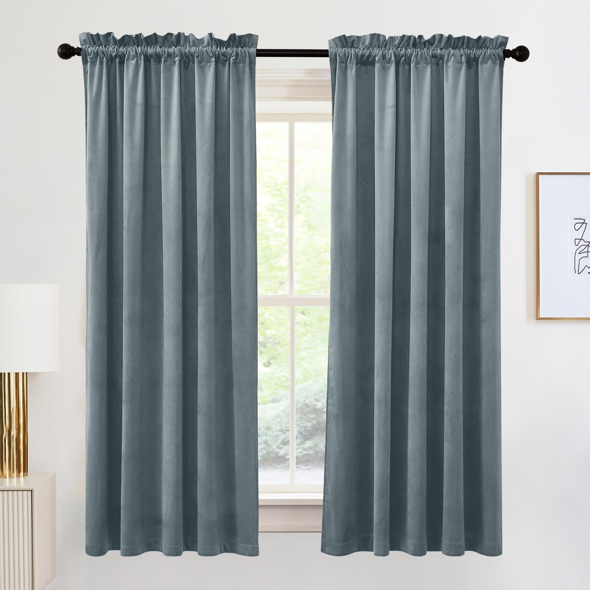 RYB HOME Velvet Curtains 63 inches Long, Rod Pocket Soft Fabric Curtains & Drapes for Bedroom Cafe, Stone Blue, W 42 x L 63, 2 Panels Set