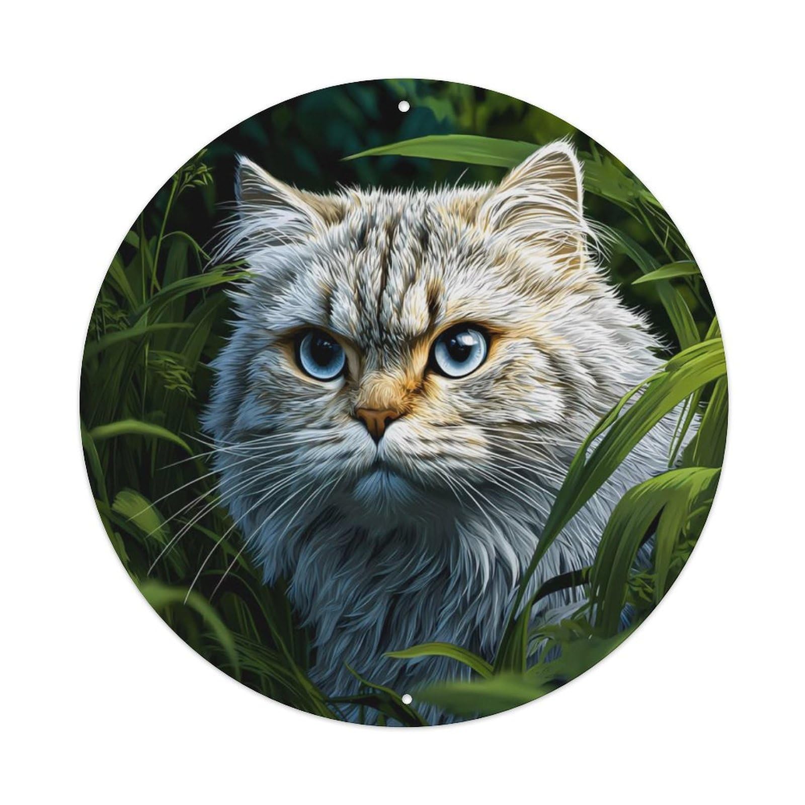 Animal Long-haired Tabby Cat Blue Eyes Hiding in Lush Wild Grass Vintage Metal Tin Sign Plaque Wall Decor for Cafe, Club Bar, Office, Garden Metal Poster 8x8Inch