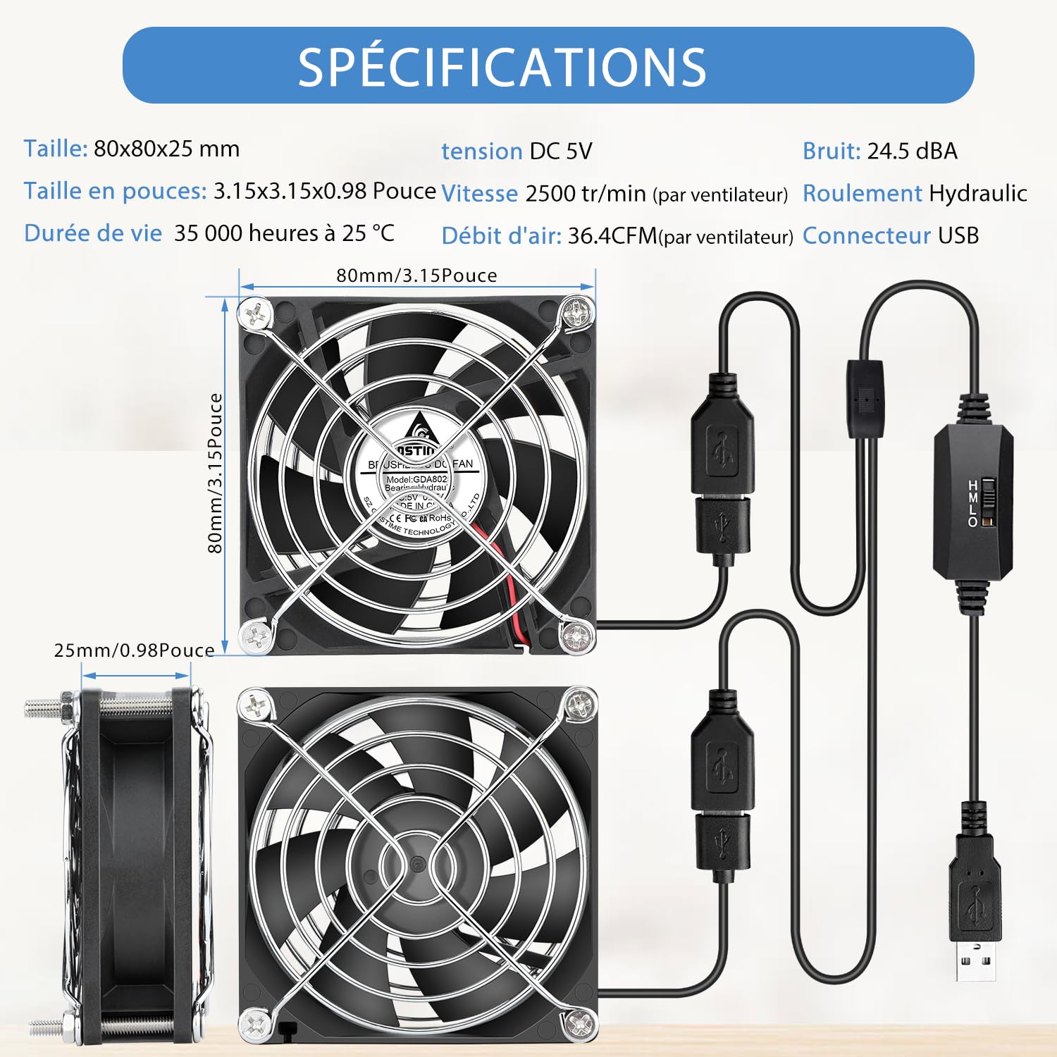 GDSTIME - Juego de 2 ventiladores para PC (80 mm, USB, 5 V, 80 x 80 x 25 ajustable)
