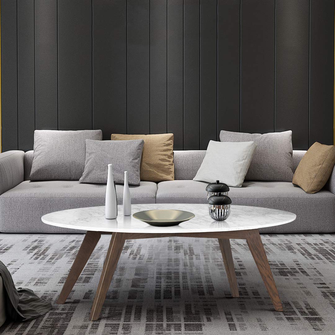 POLY & BARK Riley Marble Oval Coffee Table, Walnut