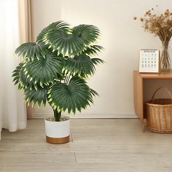 Artificial Palm Trees for Home Decor, 28 Inch Realistic Tropical Fake Monstera Plant in Pot, Indoor Plants with Lifelike Green Leaves for Living Room, Porch, Office Decor, Low Maintenance Houseplant