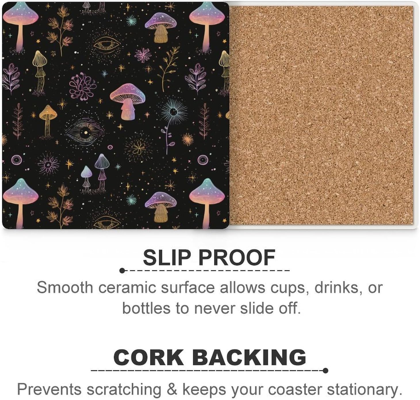 Trippy Botanical Mushroom Coaster for Drinks Square Ceramic Table Coasters Stone Mat Crafts 4PCS Home Kitchen Decor