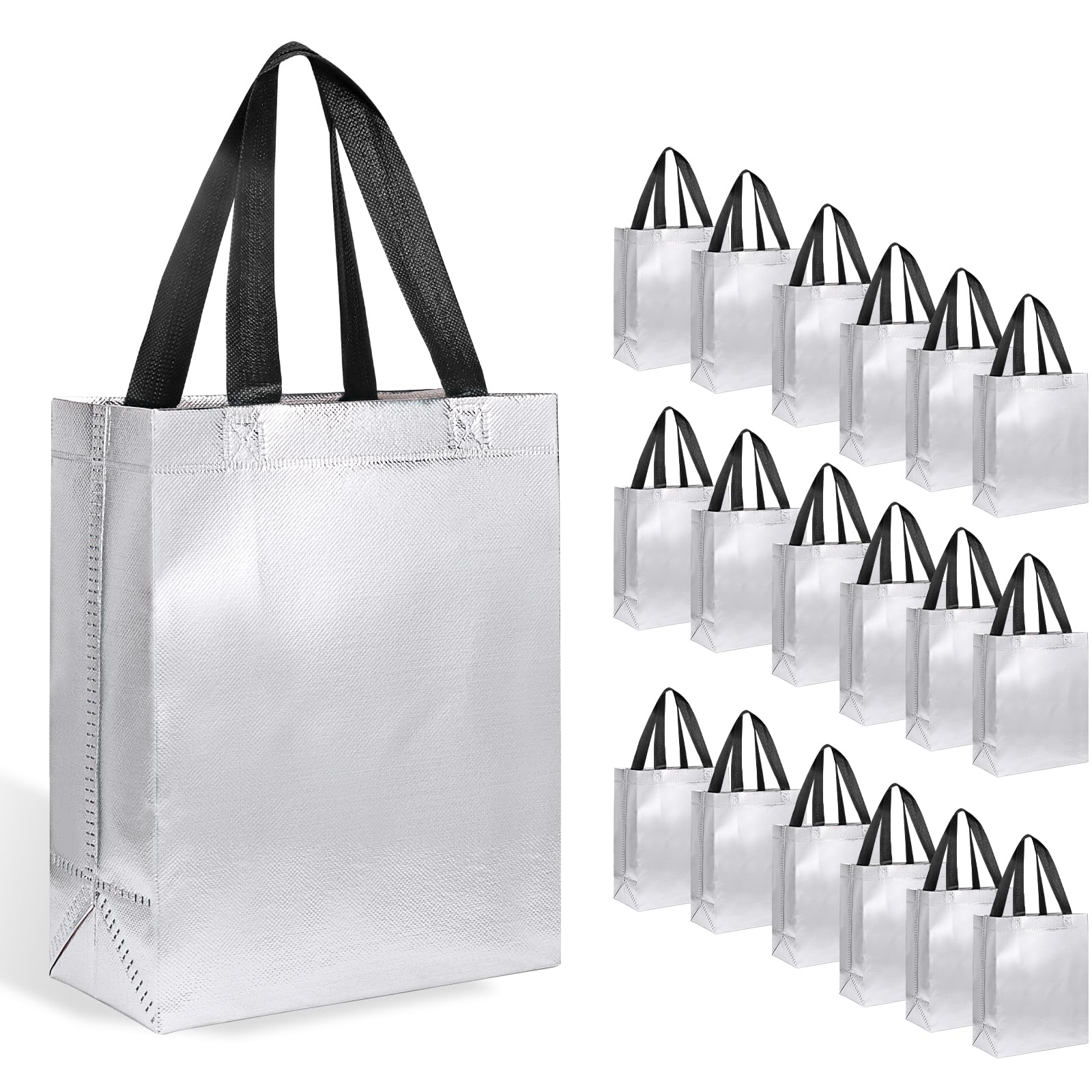 【18-Pack Silver】 Reusable Gift Bags with Handles, Bulk Goodie Bags for Valentines Day, Baby Shower, Birthday, Party Favors, Wedding, Holiday Goodie | 8x4x10 Inches | 18 Premium Silver Bag | Eco-Friendly