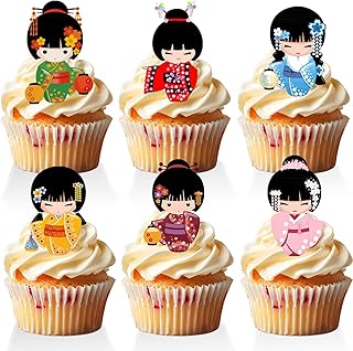 18 PCS Japanese Cupcake Toppers for Girls Women Kokeshi Doll Cherry Blossom Cake Topper Sushi Japanese Birthday Party Decorations Supplies
