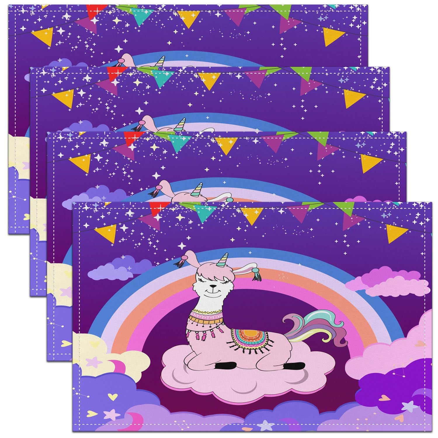 Llama Alpaca Table Mats Placemat 45X30cm Rainbow Cloud Pattern Placemats Set of 4 for Kids Magical Boho Placemats for Dining Table Indoor Outdoor Kitchen South American Animals Purple