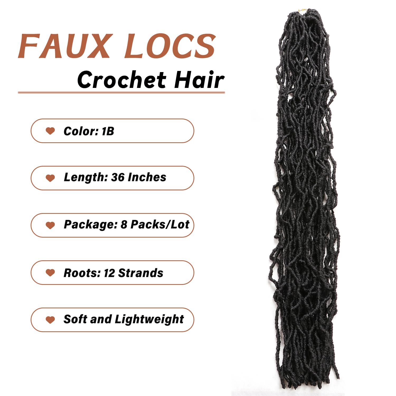 8 Packs Faux Locs Crochet Hair Extensions for Black Women Soft Locs Crochet Braids Hair Extensions (#1B, 36Inch (Pack of 8)) - Image 3