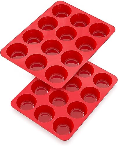 Juego de 2 moldes de silicona para magdalenas, antiadherentes, 12 tazas de grado alimenticio, ideal para hacer pasteles de magdalenas, tarta y pan,