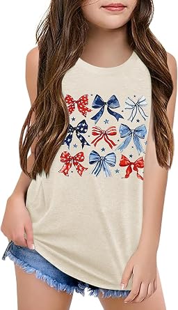 Qbily American Flag 4th of July Tank Tops for Girls Kids Summer Independence Day Bow Printed Sleeveless Graphic T Shirt