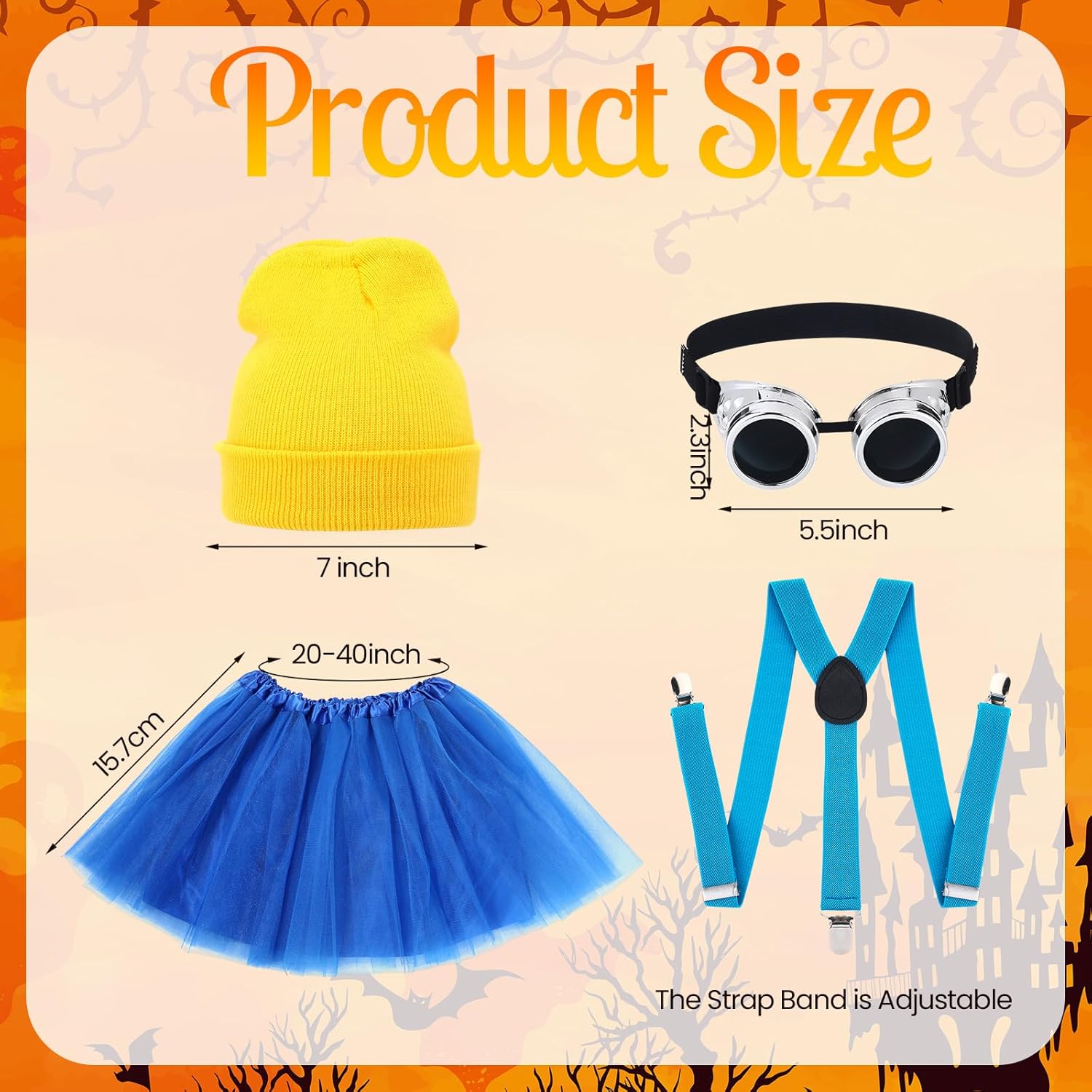 6 Pcs Halloween Costume Accessories for Adult Women Yellow Beanie Goggles Suspenders Tutu Cosplay Party Set - Image 2