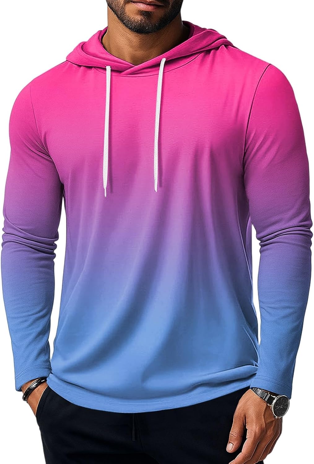 Ymosrh Men's Long Sleeve Lightweight Hoodie Shirts Gradient Color Athletic Workout Running Shirts, M-3XL
