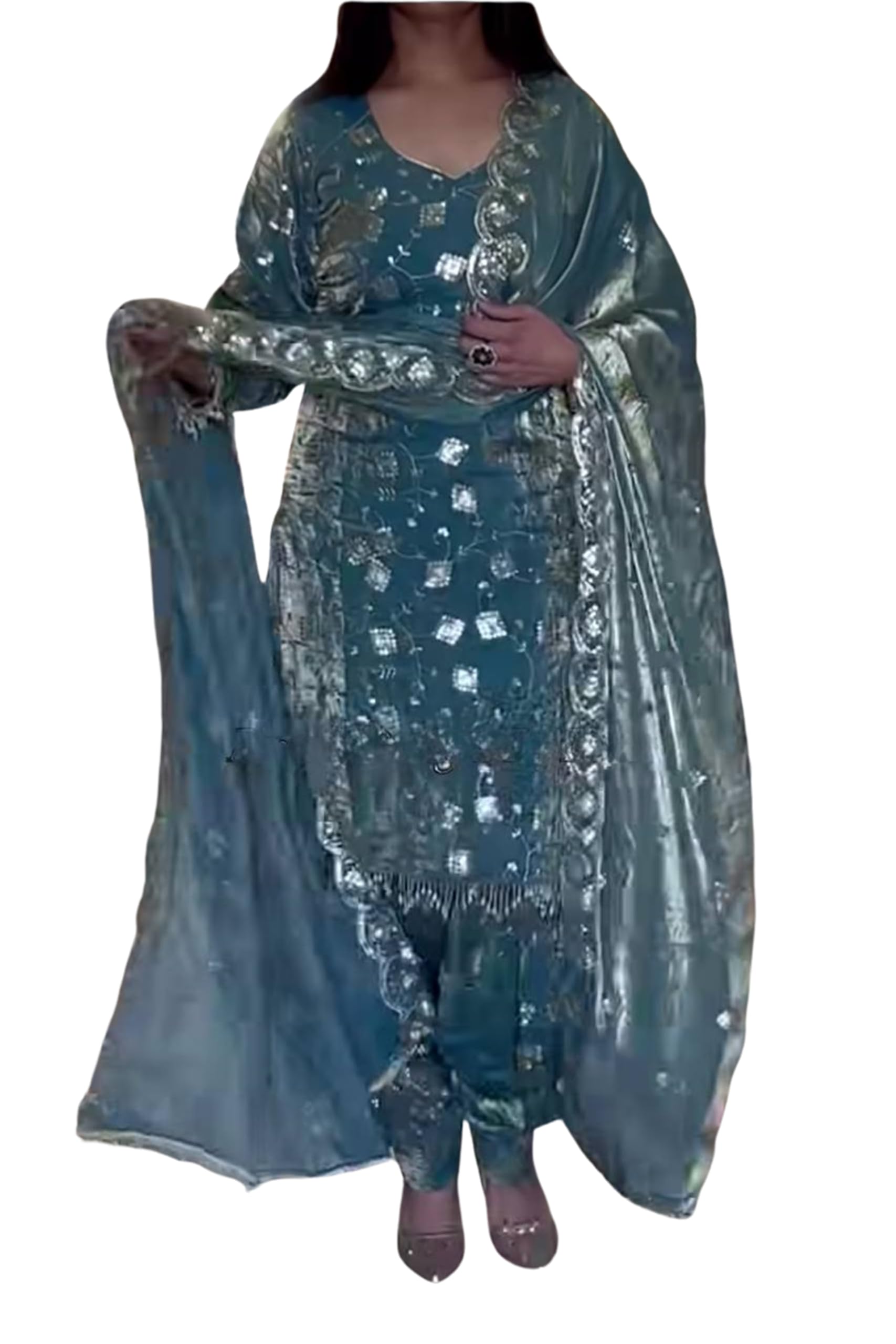 WOMEN'S Art SilkLuxury stitched Pakistani Bridal Gown – 3-Piece Suit with Embroidery & Dupatta for Weddings & Receptions (SF261233-XL SIZE Light Blue)