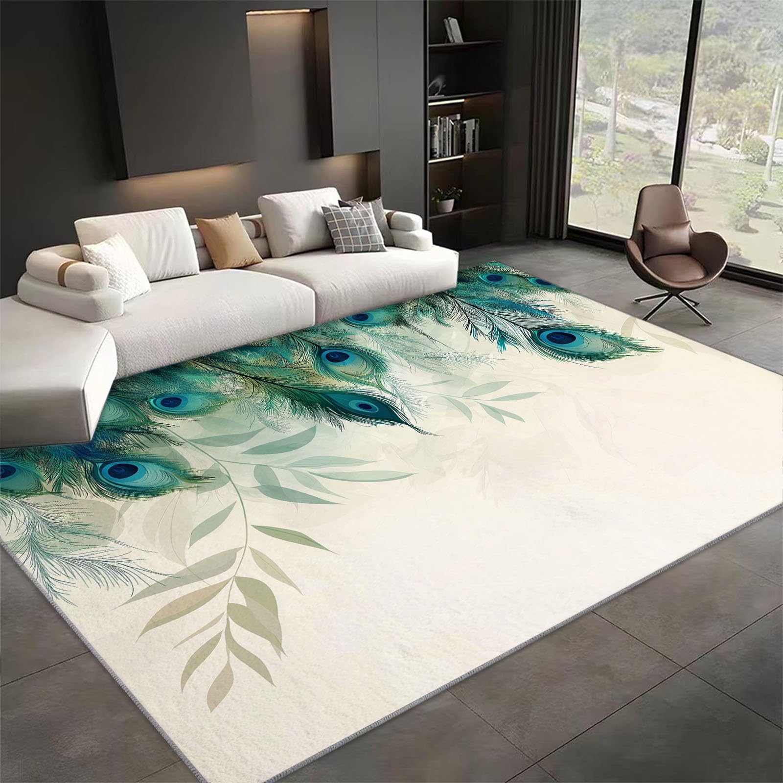 Dywan do salonu, 100 x 160 cm, nadaje się do prania, abstrakcyjne pawie pióra, paski, antypoślizgowy, styl akwarelowy, dekoracja sypialni, miękki dywan do salonu, sypialni i korytarza