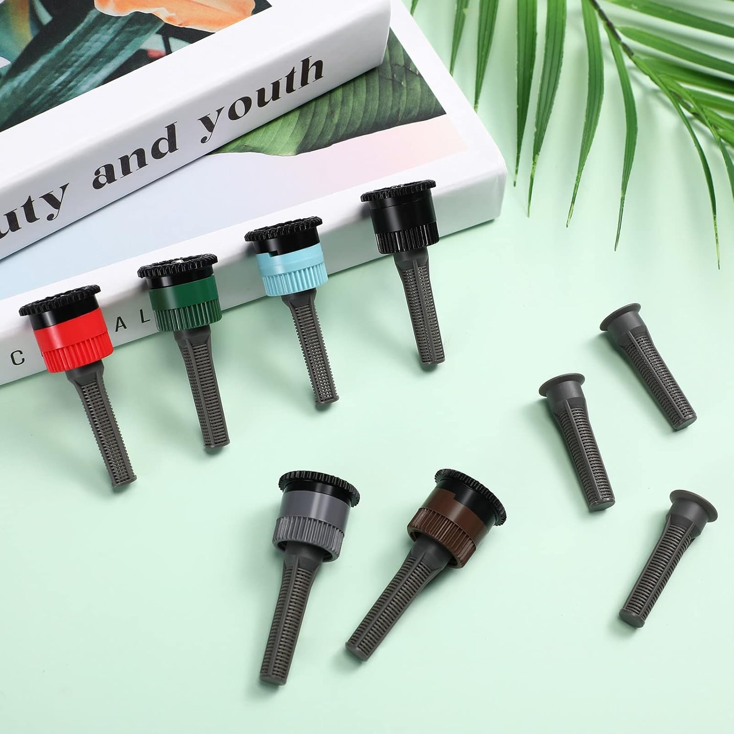 Patelai 48 Pcs Variable Arc Nozzle Replacement Pop up Sprinkler Head Compatible with Hunter, Orbit Pop-up Sprinkler Adjustable 360° Spray Nozzle for Septic Garden Lawn Irrigation (6/8/10/12/15/17 Van)