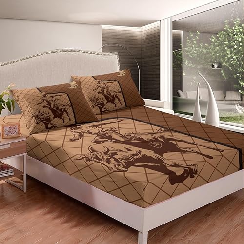 Miniatura 2 de Sábana bajera ajustable de tamaño matrimonial con estampado de rodeo de vaquero occidental, estampado de sombreros de animales de toro, ropa de cama