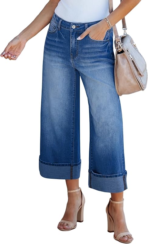 GRAPENT Wide Leg Jeans for Women High Waisted Stretchy Denim Capri Pants