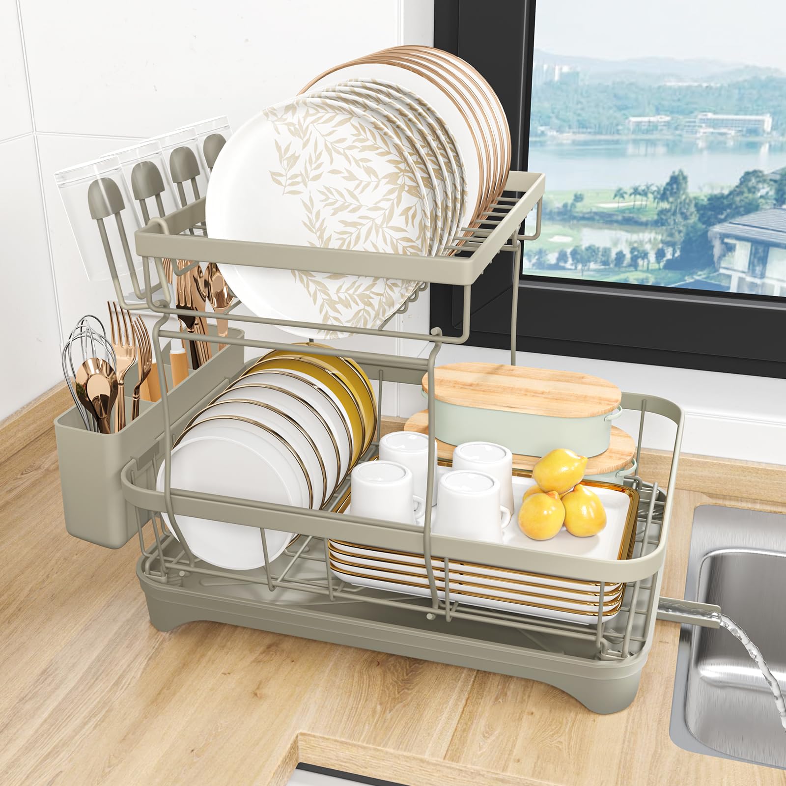 HOMEAILIE Dish Drying Rack, 2-Tier Dish Drying Rack with Utensil Holder – Large Capacity Auto-Draining Dish Drainer with Drainboard for Kitchen