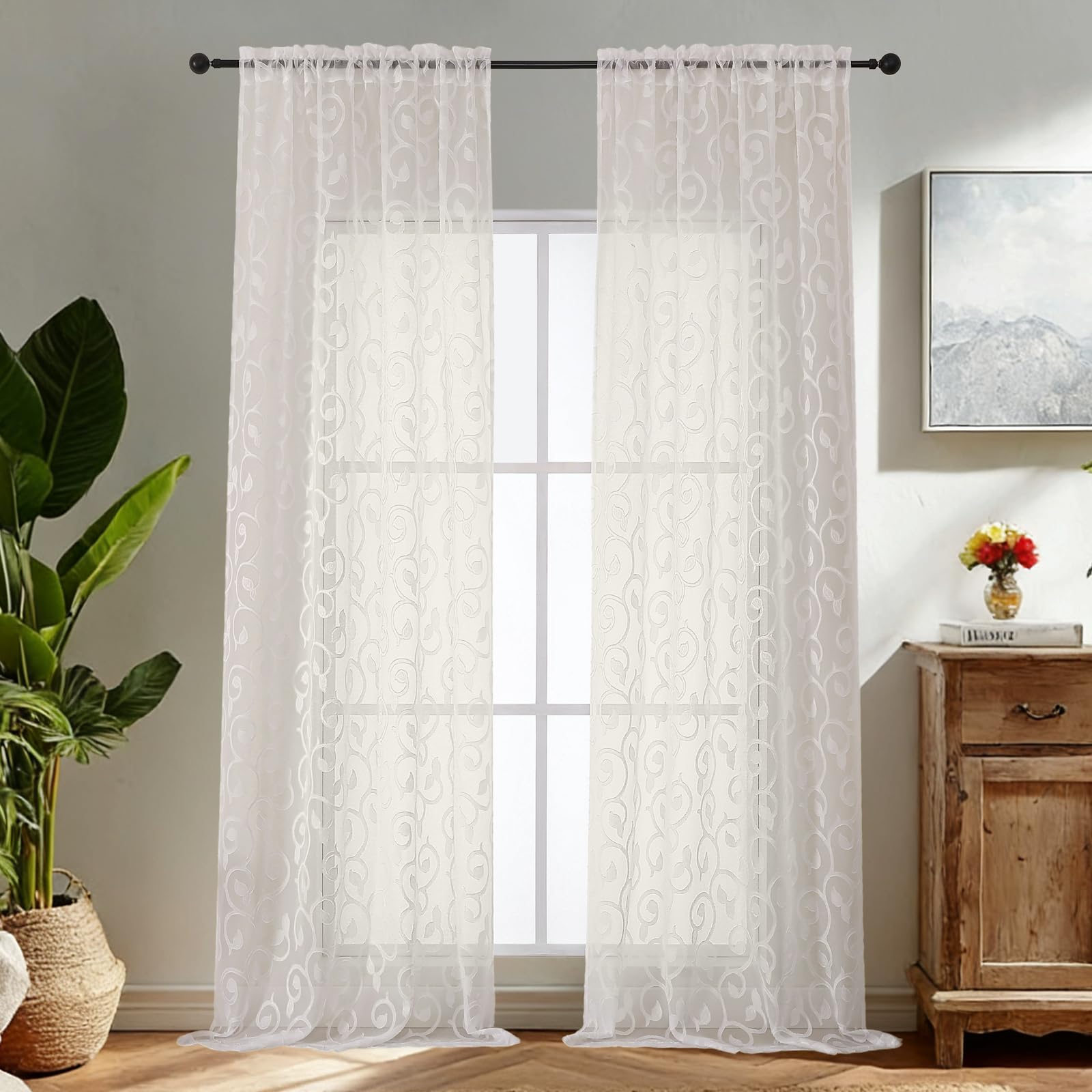 Simplebrand Ivory Sheer Voile Curtains with Embroidered Pattern, 2 Panels 140x245cm, Dual Rod Pocket Light Filtering Floor Length Curtains