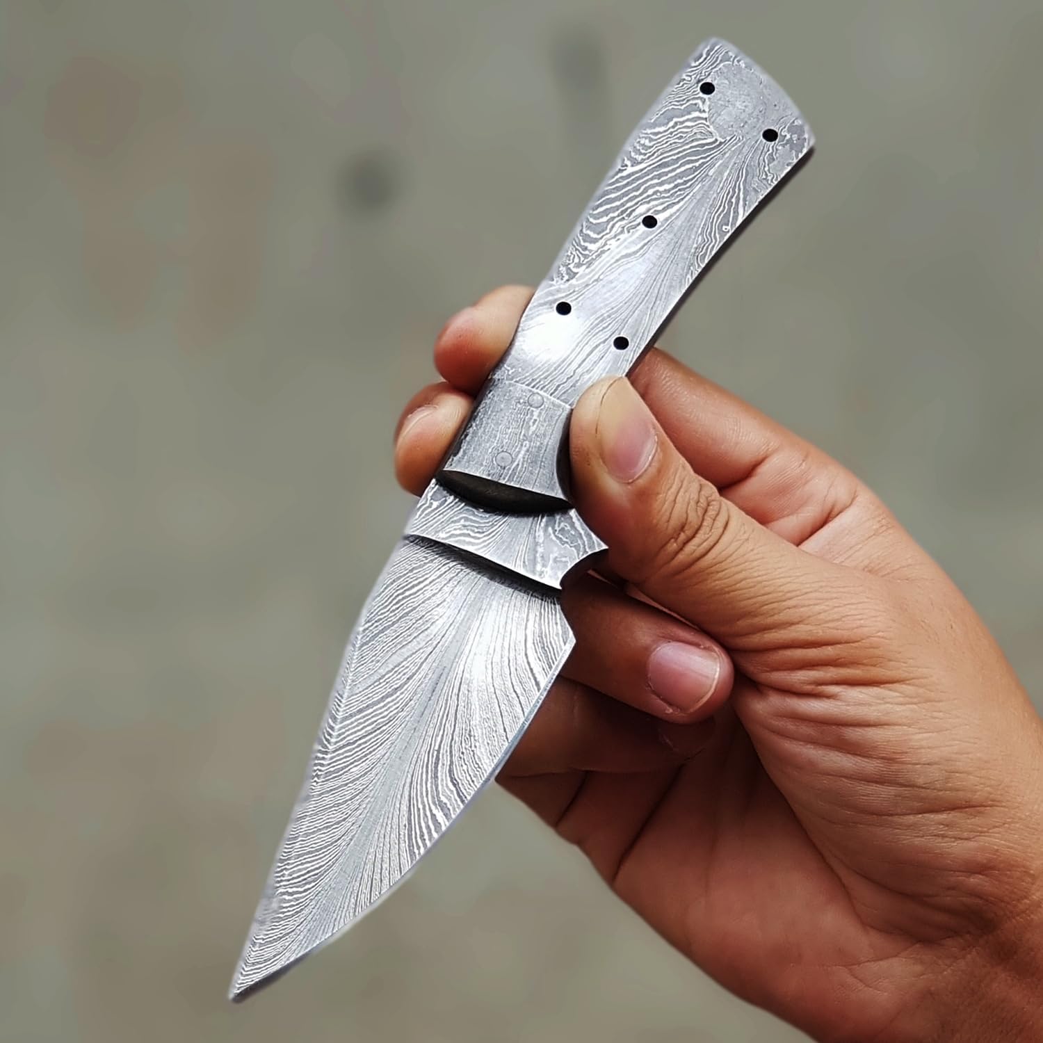 Feather Damascus Knife Blank for Knife Making with Pins Full Tang, 4 Inch Hunting Knife Blank