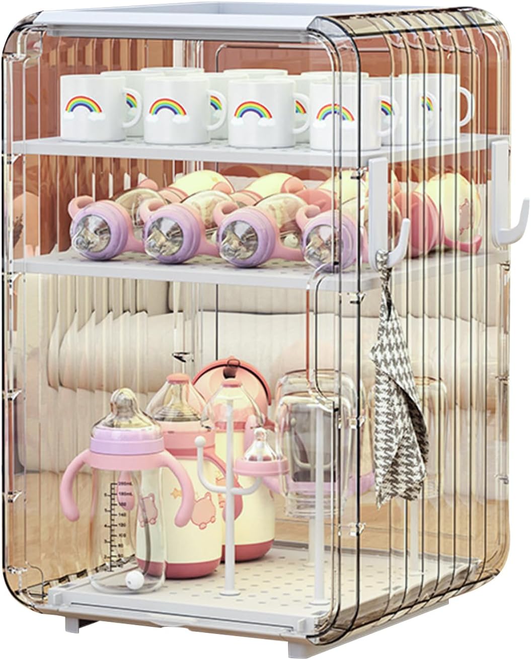 Baby Bottle Drying Rack Large Capacity, Baby Bottle Organizer, 3/4-layer Dustproof Portable Baby Bottle Drying Rack with Cover, for Kitchen Cabinet