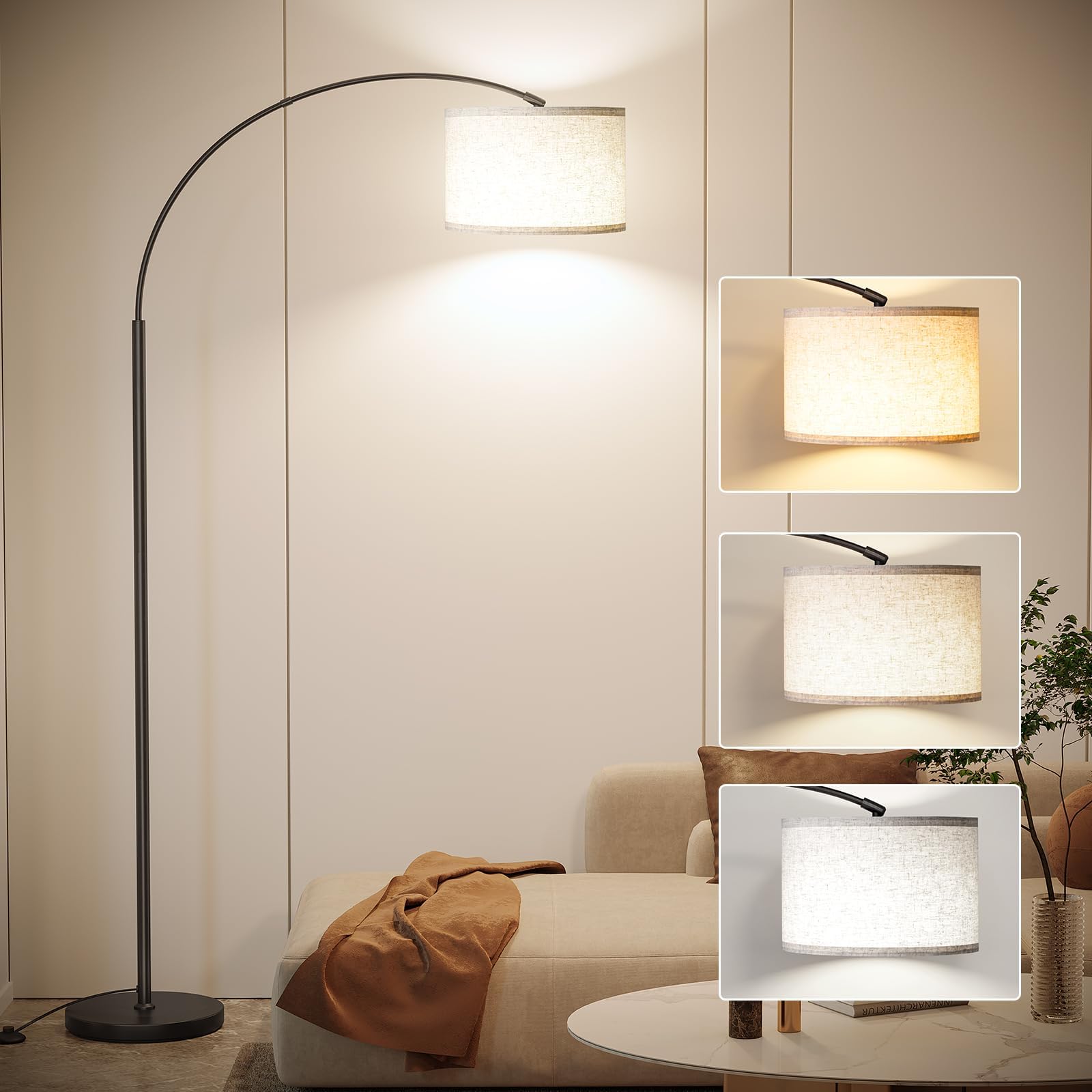 SUNMORY Arc Floor Lamp with 3 Color Temperature, Modern Floor Lamp with 9w A19 LED Bulb, 75″ Height Tall Lamp for Living Room with Hanging Drum Shade & Weighted Base. Arched Standing Lamp for Bedroom