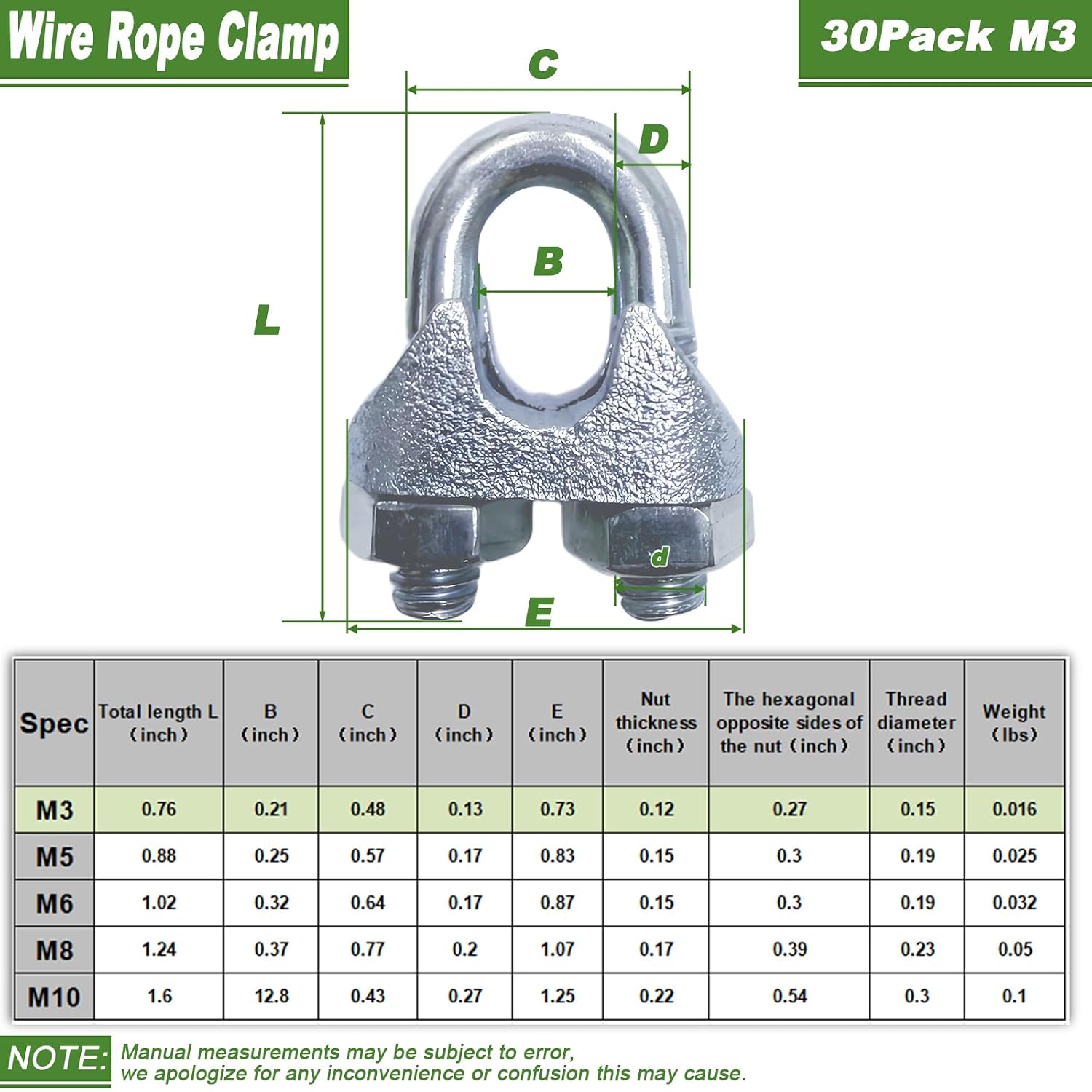 100ft Galvanized Jack Chain & 30-Pack 1/8" Wire Rope Clamp Set - Heavy Duty Weatherproof Hanging & Fastening Bundle for Light Fixtures, Tent Ropes, Clotheslines, and DIY Projects