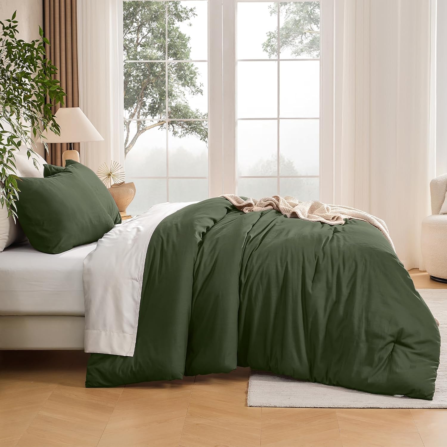 Andency Olive Green Full Size Comforter Set, Solid Comforter Set 3 Pieces (1 Boho Comforter & 2 Pillowcases), Lightweight Fluffy Vintage Olive Bed Comforter for All Season - Image 9