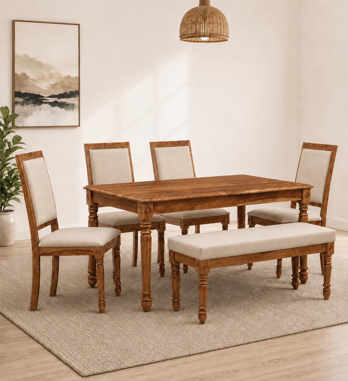 Solid Sheesham Wood 6 Seater Dining Table Set with 4 Cushioned Chairs & Bench | Modern Wooden Dining Furniture for Home, Kitchen & Dining Room | Honey Finish-image-46