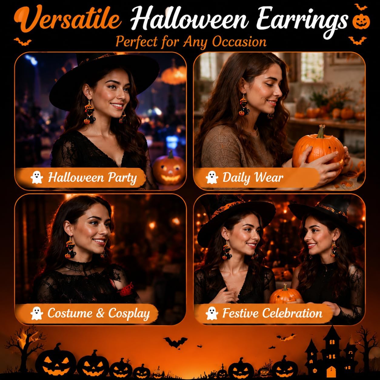 NovaStl Halloween Earrings for Women Black Cat Witch Hat Pumpkin Stainless Steel Dangle Earrings Cute Halloween Jewelry Costume Outfit Accessories image 4